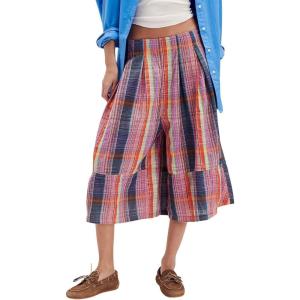 imagechouyatou Womens Retro Plaid Wide Leg Croppped Pants Y2k Baggy Culottes Capri Palazzo Pants with PocketsPink