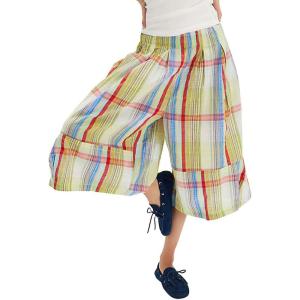 imagechouyatou Womens Retro Plaid Wide Leg Croppped Pants Y2k Baggy Culottes Capri Palazzo Pants with PocketsYellow