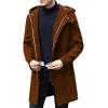 imagechouyatou Mens Winter Hooded Wool Coat Business Casual Zip Up Wool Blend Pea Coat OvercoatBrown