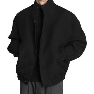 imagechouyatou Mens Fall Winter Wool Blend Bomber Jacket Stand Collar Button Down Flight Windbreaker CoatBlack