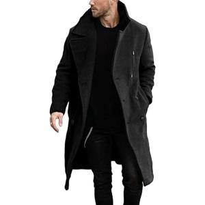imagechouyatou Mens Winter Double Breasted Midi Long Wool Blend Pea Coat Notched Lapel Business Casual Wool Trench CoatBlack