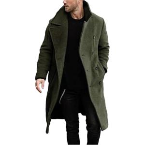 imagechouyatou Mens Winter Double Breasted Midi Long Wool Blend Pea Coat Notched Lapel Business Casual Wool Trench CoatGreen