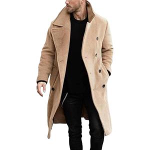 imagechouyatou Mens Winter Double Breasted Midi Long Wool Blend Pea Coat Notched Lapel Business Casual Wool Trench CoatKhaki