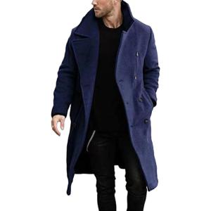 imagechouyatou Mens Winter Double Breasted Midi Long Wool Blend Pea Coat Notched Lapel Business Casual Wool Trench CoatNavy