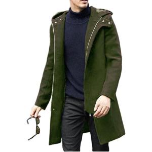 imagechouyatou Mens Winter Hooded Wool Coat Business Casual Zip Up Wool Blend Pea Coat OvercoatArmy Green