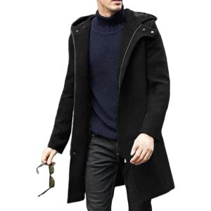 imagechouyatou Mens Winter Hooded Wool Coat Business Casual Zip Up Wool Blend Pea Coat OvercoatBlack