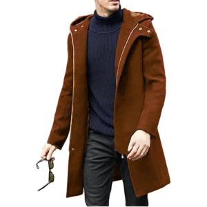 imagechouyatou Mens Winter Hooded Wool Coat Business Casual Zip Up Wool Blend Pea Coat OvercoatBrown