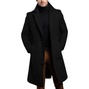 imagechouyatou Mens Winter Single Breasted Wool Coat Business Casual Notch Collar Mid Long Winter Pea CoatBlack