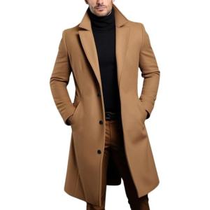 imagechouyatou Mens Winter Single Breasted Wool Coat Business Casual Notch Collar Mid Long Winter Pea CoatCamel
