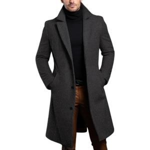 imagechouyatou Mens Winter Single Breasted Wool Coat Business Casual Notch Collar Mid Long Winter Pea CoatDark Grey