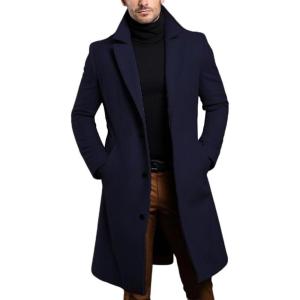 imagechouyatou Mens Winter Single Breasted Wool Coat Business Casual Notch Collar Mid Long Winter Pea CoatNavy Blue
