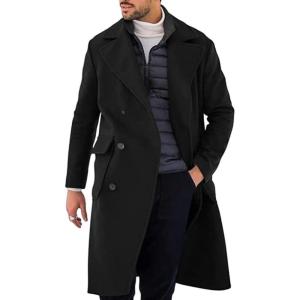 imagechouyatou Mens Winter Wool Blend Pea Coat Double Breasted Notched Lapel Business Casual Midi Long Wool Trench CoatBlack