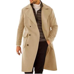 imagechouyatou Mens Winter Wool Blend Pea Coat Double Breasted Notched Lapel Business Casual Midi Long Wool Trench CoatKhaki