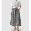 imagechouyatou Womens Casual Elastic Waist Plaid Skirt Gingham Swing Pleated Midi Long Skirt with PocketsBlack