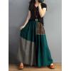 imagechouyatou Womens Color Block Plaid Patchwork Skirt Elastic Waist Pleated Cotton Linen Long Skirt with PocketsGreen