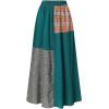 imagechouyatou Womens Color Block Plaid Patchwork Skirt Elastic Waist Pleated Cotton Linen Long Skirt with PocketsGreen