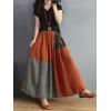 imagechouyatou Womens Color Block Plaid Patchwork Skirt Elastic Waist Pleated Cotton Linen Long Skirt with PocketsRed