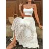 imagechouyatou Womens Floral Embroidered Knit Skirt Lace Crochet Eyelet Elastic Waist Flared Maxi Long SkirtApricot