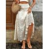 imagechouyatou Womens Floral Embroidered Knit Skirt Lace Crochet Eyelet Elastic Waist Flared Maxi Long SkirtApricot