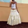 imagechouyatou Womens Floral Embroidered Knit Skirt Lace Crochet Eyelet Elastic Waist Flared Maxi Long SkirtApricot