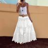 imagechouyatou Womens Floral Embroidered Knit Skirt Lace Crochet Eyelet Elastic Waist Flared Maxi Long SkirtWhite