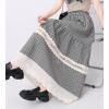 imagechouyatou Womens Hollow Out Eyelet Plaid Skirt Elastic Waist Ruffle Hem Gingham Swing Midi Long SkirtBlack