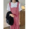 imagechouyatou Womens Retro Plaid Suspender Maxi Dress Sleeveless Ruffle Tiered Overall Jumper Long DressRed