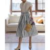 imagechouyatou Womens Vertical Striped Pleated Skirt Casual Elastic Waist A Line Swing Midi Long Skirt with PocketsBlack