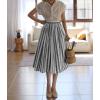 imagechouyatou Womens Vertical Striped Pleated Skirt Casual Elastic Waist A Line Swing Midi Long Skirt with PocketsBlack