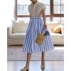 imagechouyatou Womens Vertical Striped Pleated Skirt Casual Elastic Waist A Line Swing Midi Long Skirt with PocketsBlue