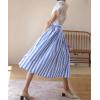 imagechouyatou Womens Vertical Striped Pleated Skirt Casual Elastic Waist A Line Swing Midi Long Skirt with PocketsBlue