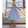 imagechouyatou Womens Vertical Striped Pleated Skirt Casual Elastic Waist A Line Swing Midi Long Skirt with PocketsBlue