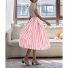 imagechouyatou Womens Vertical Striped Pleated Skirt Casual Elastic Waist A Line Swing Midi Long Skirt with PocketsRed