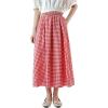 imagechouyatou Womens Casual Elastic Waist Plaid Skirt Gingham Swing Pleated Midi Long Skirt with PocketsRed