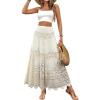 imagechouyatou Womens Floral Embroidered Knit Skirt Lace Crochet Eyelet Elastic Waist Flared Maxi Long SkirtApricot
