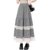 imagechouyatou Womens Hollow Out Eyelet Plaid Skirt Elastic Waist Ruffle Hem Gingham Swing Midi Long SkirtBlack