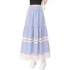 imagechouyatou Womens Hollow Out Eyelet Plaid Skirt Elastic Waist Ruffle Hem Gingham Swing Midi Long SkirtBlue