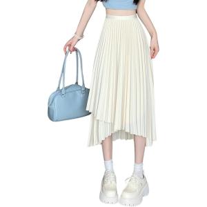 imagechouyatou Womens Asymmetrical Tulip Hem Party Dress Irregular Flowy Swing Accordion Pleated Midi Long SkirtApricot