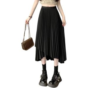 imagechouyatou Womens Asymmetrical Tulip Hem Party Dress Irregular Flowy Swing Accordion Pleated Midi Long SkirtBlack