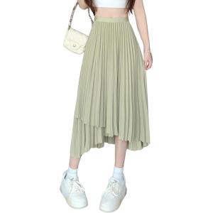 imagechouyatou Womens Asymmetrical Tulip Hem Party Dress Irregular Flowy Swing Accordion Pleated Midi Long SkirtGreen