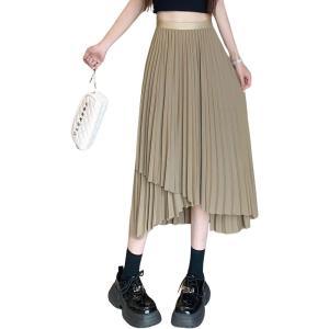 imagechouyatou Womens Asymmetrical Tulip Hem Party Dress Irregular Flowy Swing Accordion Pleated Midi Long SkirtKhaki