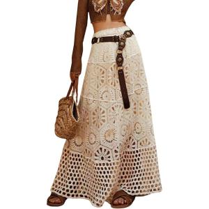 imagechouyatou Womens Boho Floral Embroidered Knit Skirt Lace Crochet Eyelet Elastic Waist Flared Maxi SkirtApricot