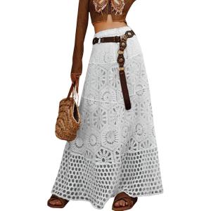 imagechouyatou Womens Boho Floral Embroidered Knit Skirt Lace Crochet Eyelet Elastic Waist Flared Maxi SkirtWhite
