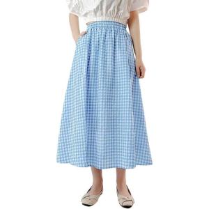 imagechouyatou Womens Casual Elastic Waist Plaid Skirt Gingham Swing Pleated Midi Long Skirt with PocketsBlue