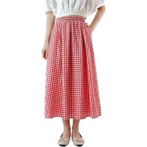 imagechouyatou Womens Casual Elastic Waist Plaid Skirt Gingham Swing Pleated Midi Long Skirt with PocketsRed