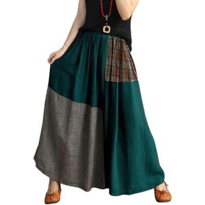 imagechouyatou Womens Color Block Plaid Patchwork Skirt Elastic Waist Pleated Cotton Linen Long Skirt with PocketsGreen
