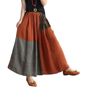 imagechouyatou Womens Color Block Plaid Patchwork Skirt Elastic Waist Pleated Cotton Linen Long Skirt with PocketsRed