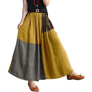 imagechouyatou Womens Color Block Plaid Patchwork Skirt Elastic Waist Pleated Cotton Linen Long Skirt with PocketsYellow