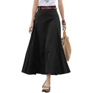 imagechouyatou Womens High Waisted ALine Midi Skirt Vintage Work Cargo Skirt Long Skater SkirtBlack