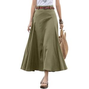 imagechouyatou Womens High Waisted ALine Midi Skirt Vintage Work Cargo Skirt Long Skater SkirtGreen